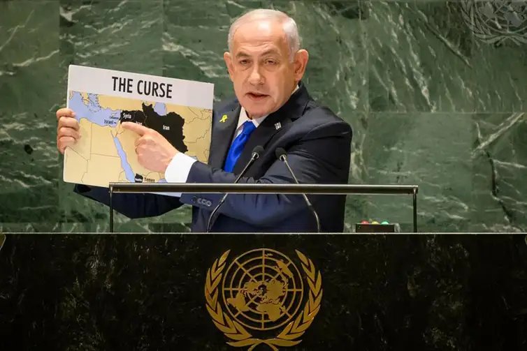 Loey Felipe/ONU Nova Yorque (EUA), 27/09/2024 - O primeiro-ministro de Israel, Benjamin Netanyahu na Assembléia Geral da ONU apresentando o mapa do