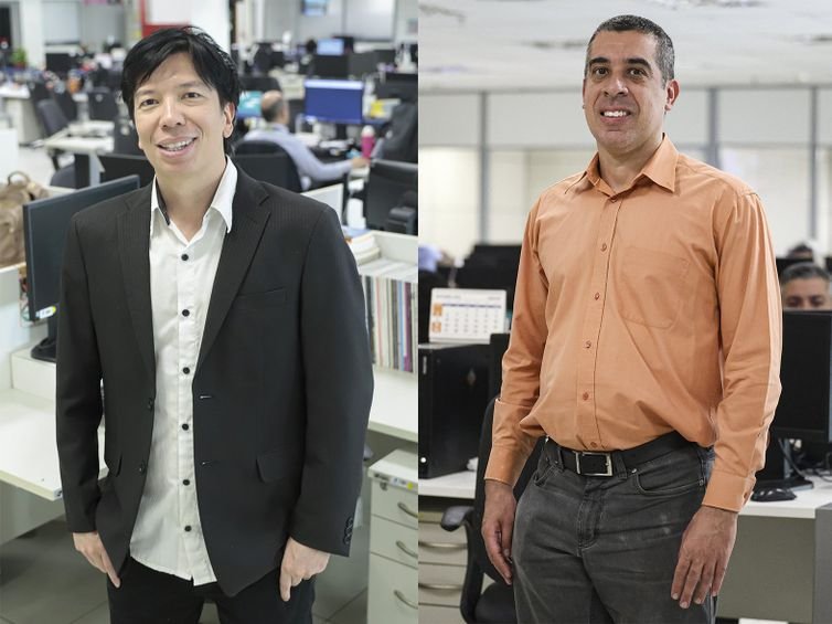 Joédson Alves e Marcelo Camargo/Agência Brasil Brasília (DF) 10/10/2025 – Os jornalaistas da Empresa Brasil de Comunicação (EBC), Edgard Yoshio (e) e Wellton Maximo, posam para foto na redação da EBC.
Foto: Joédson Alves e Marcelo Camargo/Agência Brasil