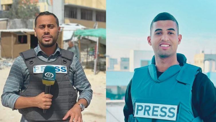 Sindicato dos Jornalistas da Palestina/Divulgação Gaza, 25/03/2025 - Jornalistas assassinados ontem por Israel. São eles o profissional da TV Al-Jazeera, o palestino Hossam Shabat, e o jornalista da TV Palestine Today, Mohammad Mansour. Foto: Sindicato dos Jornalistas da Palestina/Divulgação