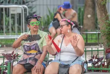 Paulo Pinto/Agência Brasil São Paulo (SP), 15/02/2026 – As amigas Josi Madeyra (e) e
Estela Madeyra (d) conversa com Agência Brasil, durante apresentação do Bloco Afro na Rua, na Avenida São Luiz.
Foto: Paulo Pinto/Agência Brasil