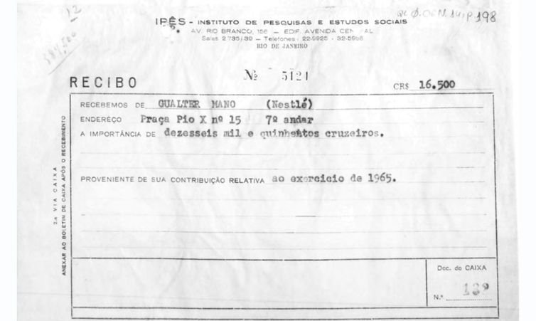 Arquivo Nacional/Divulgação São Paulo (SP), 09/04/2026 - FOTO DE ARQUIVO - Registros das contribuições do então presidente da Nestlé Brasil, Gualter Mano, para o IPES. Oswaldo Ballarin, Executivo da Nestlé e da Brown Boveri contratou torturador como relações públicas. Foto: Arquivo Nacional/Divulgação