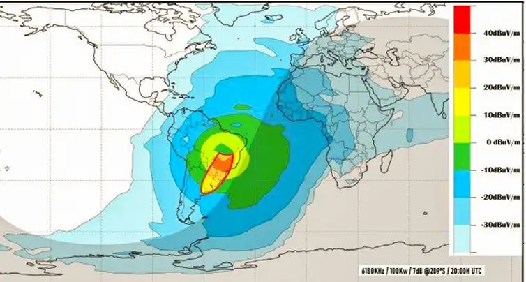 Fonte EBC Brasília (DF), 06/04/2026 - Mapa ilustrativo da cobertura da EBC em ondas curtas demonstra o alcance internacional. A propagação do sinal pode variar conforme condições atmosféricas.
Fonte: EBC