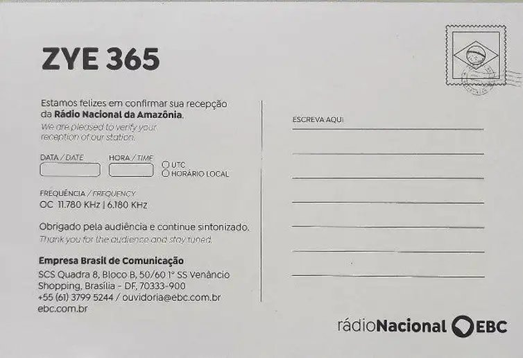 Reprodução EBC Brasília (DF), 06/04/2026 - Modelo de cartão QSL enviado para radioamadores do mundo inteiro.
Reprodução EBC