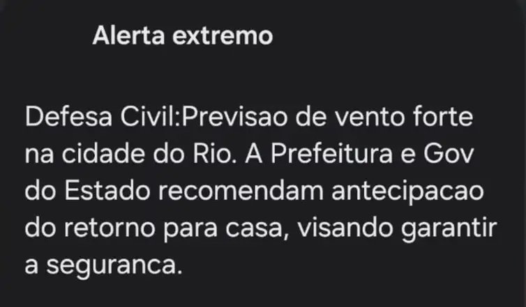 Rio de Janeiro - 07/08/2026 - Defesa Civil alerta de ventos fortes. Fonte: Defesa Civil/RJ
