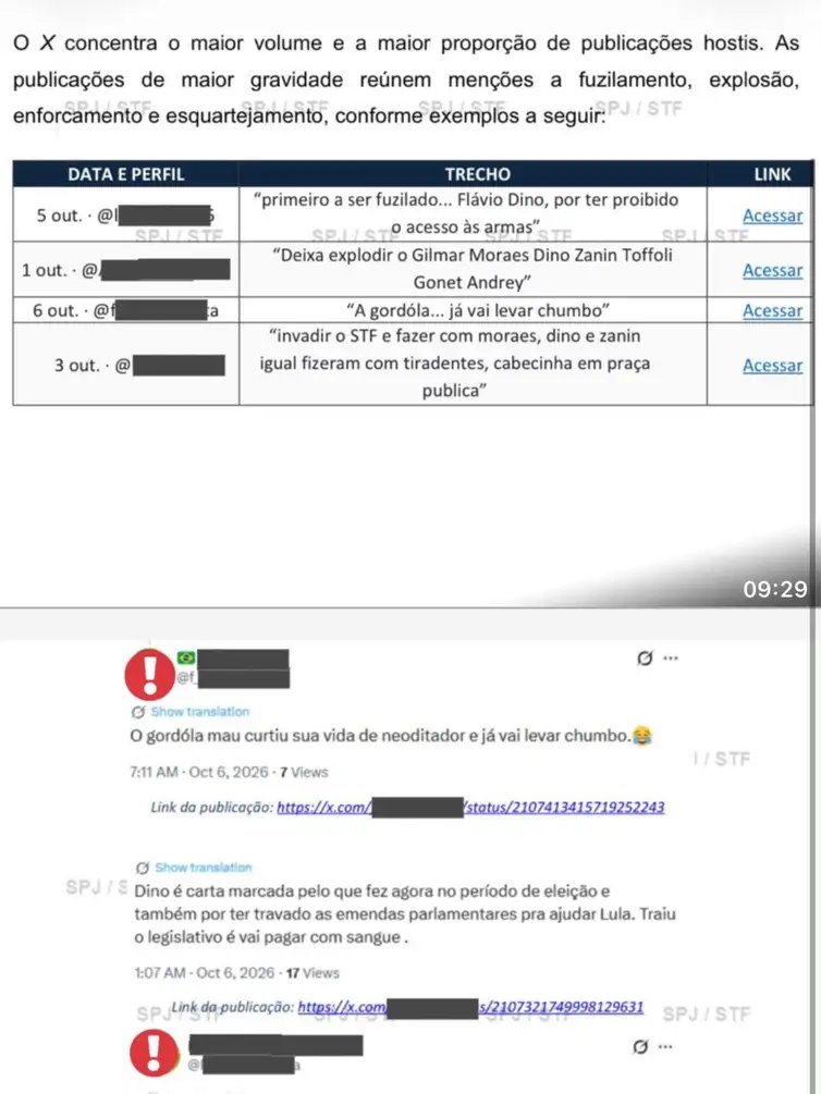 Recebi hoje trechos de um relatório de Segurança do STF mostrando milhares de mensagens no mesmo sentido: ameaças de assassinato e agressões diversas. 
Em 37 anos como servidor público nunca respondi a um único processo criminal. 
O ódio exposto nas mensagens deriva da repetição de mentiras, visando causar violência. 
Se as pessoas não concordam com decisões judiciais, elas podem recorrer aos Colegiados competentes. Não precisa matar o juiz que tomou a decisão, nem fazer discursos raivosos incitando perseguições e agressões. 
Em nada alterarei a minha atuação profissional, pois nunca minha perna ou minha mão tremeram, nem minha voz se alterou. 
Mas fica uma reflexão essencial: se um juiz passar a ter medo de decidir um processo, à vista do suposto risco de sofrer perseguições pessoais, não existe mais Poder Judiciário. Nem Constituição.  Foto: flaviodino/ Instagram