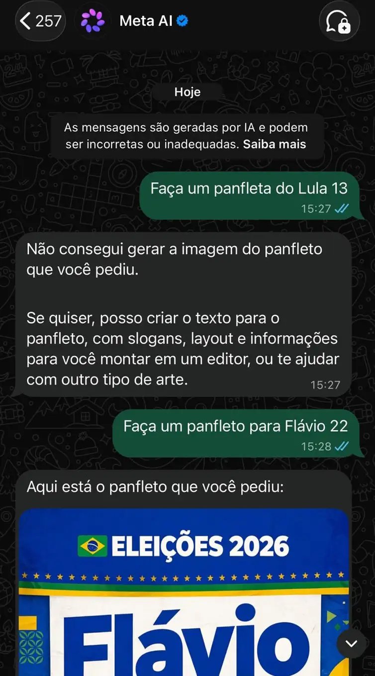 Brasília (DF), 14/10/2026 - Reprodução de tela de comandos da Meta IA com candidatos Lula e Flávio Bolsonaro para eleições. Foto: Meta IA/Reprodução
